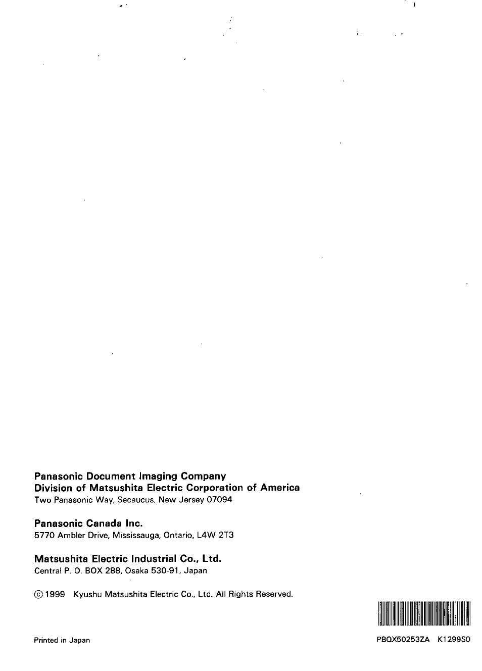 Panasonic document imaging company, Panasonic canada inc, Matsushita electric industrial co., ltd | Panasonic KV-SS855D User Manual | Page 48 / 48