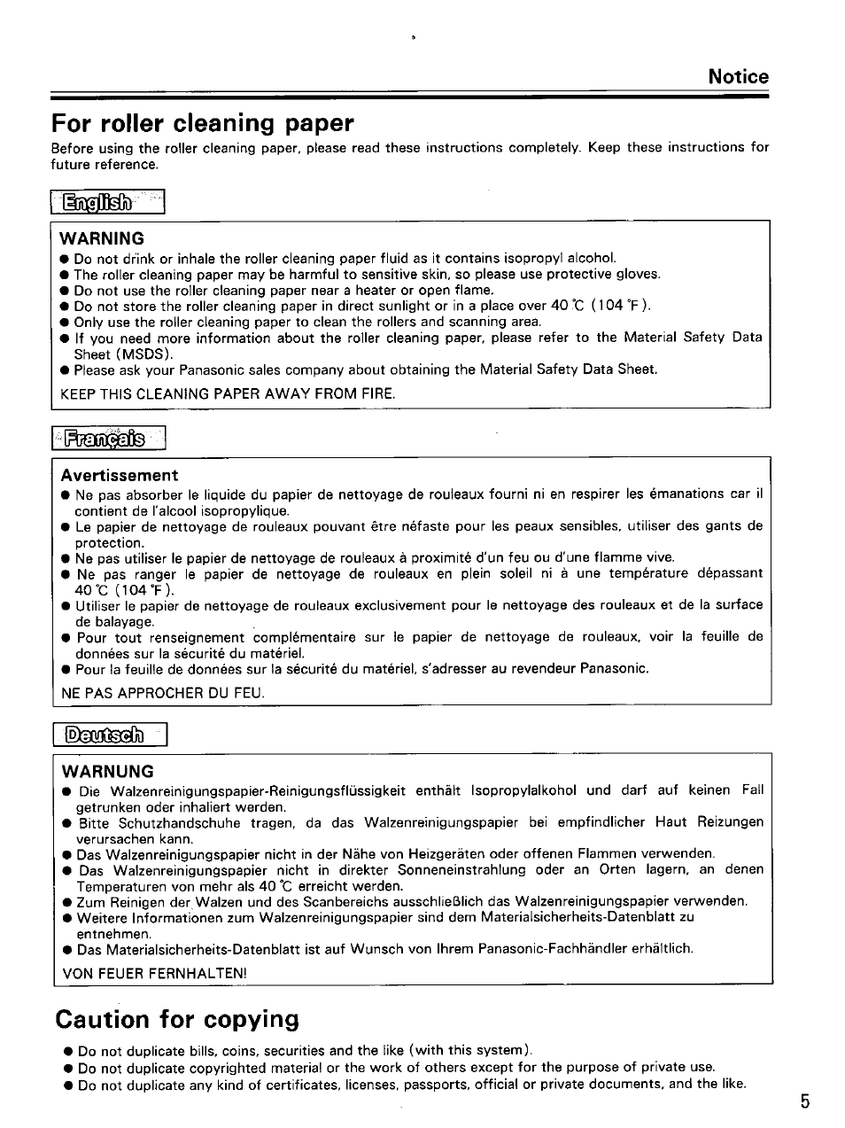 Notice, Warning, Avertissement | Warnung, For roller cleaning paper, Caution for copying | Panasonic KV-SS855D User Manual | Page 5 / 48