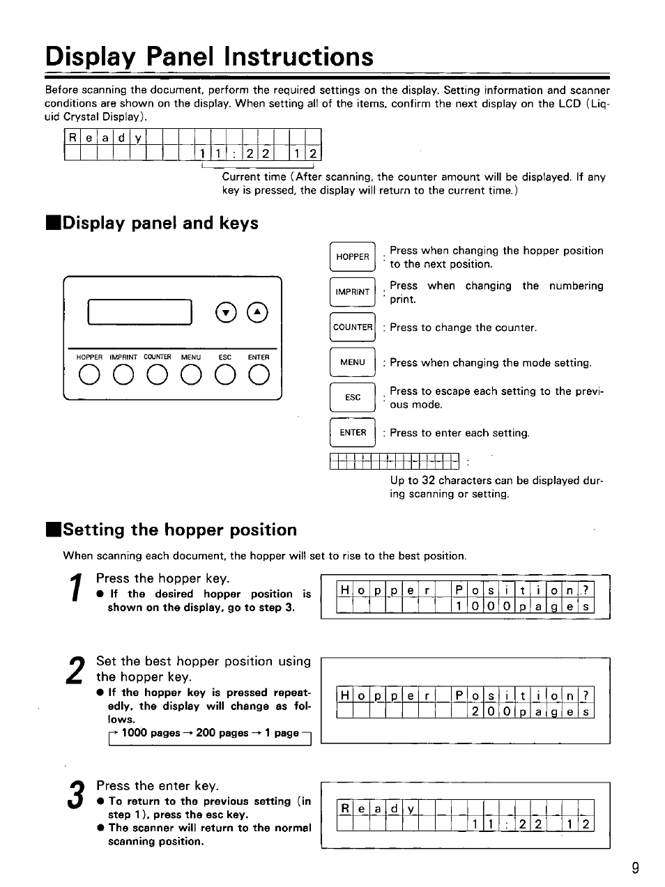 Press the hopper key, Set the best hopper position using the hopper key, Press the enter key | Display panel instructions, Idisplay panel and keys ©0, Isetting the hopper position | Panasonic KV-SS855D User Manual | Page 9 / 48