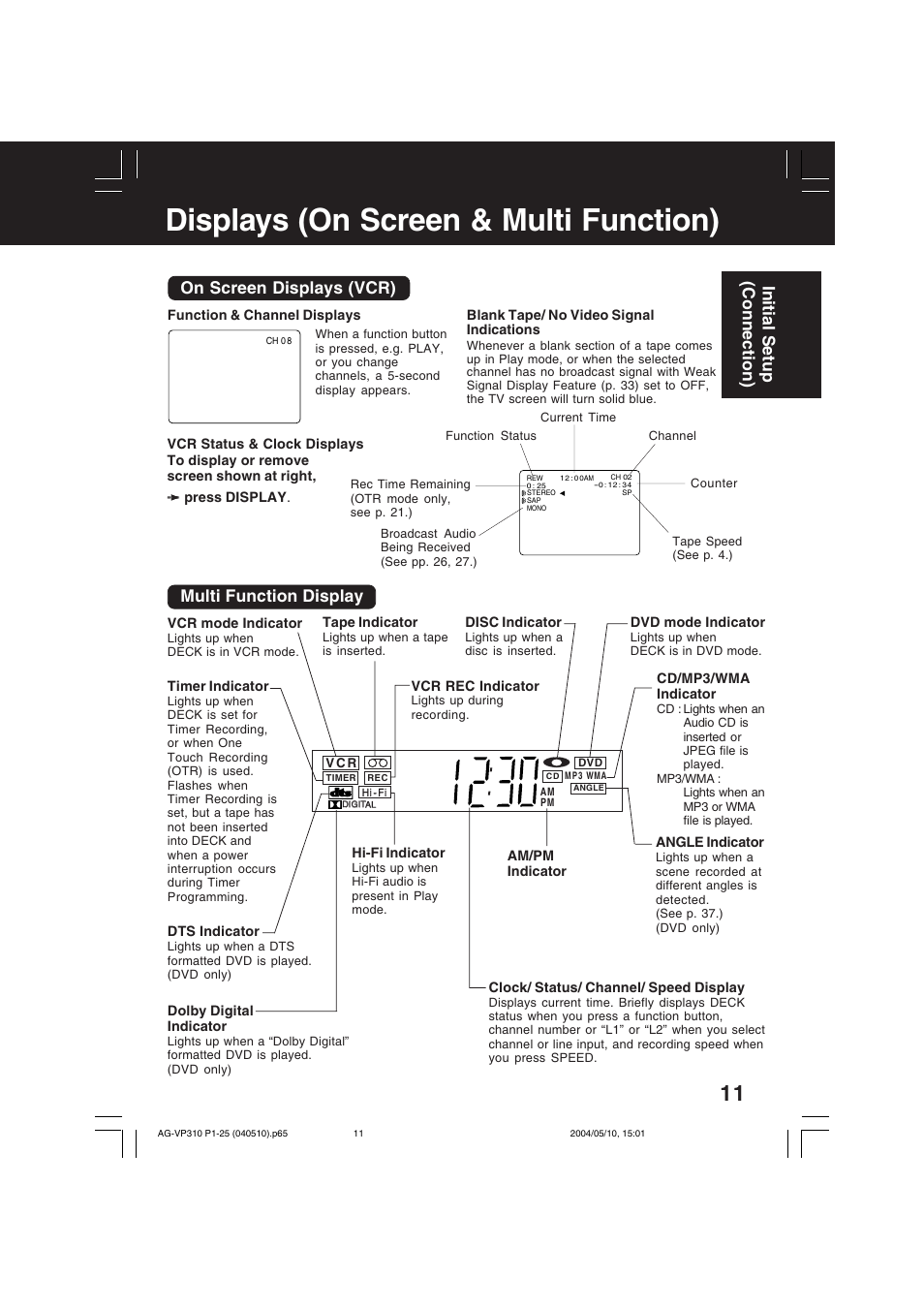 Displays (onscreen & multi function display), Displays (on screen & multi function), Multi function display on screen displays (vcr) | Initial setup (connection) | Panasonic AG-VP310 User Manual | Page 11 / 64