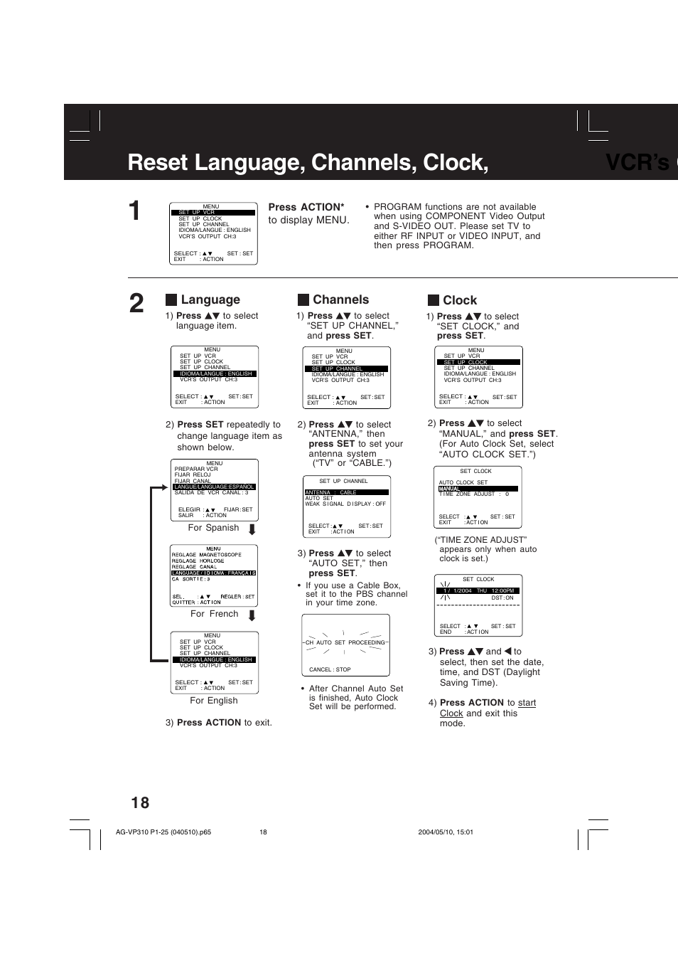 Basic operation, Reset language, channels, clock, vcr’s o, Clock | Language, Channels | Panasonic AG-VP310 User Manual | Page 18 / 64