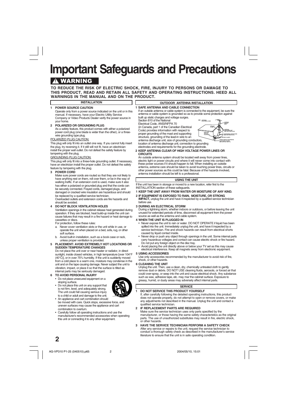 Initial setup (connection), Important safeguards and precautions | Panasonic AG-VP310 User Manual | Page 2 / 64