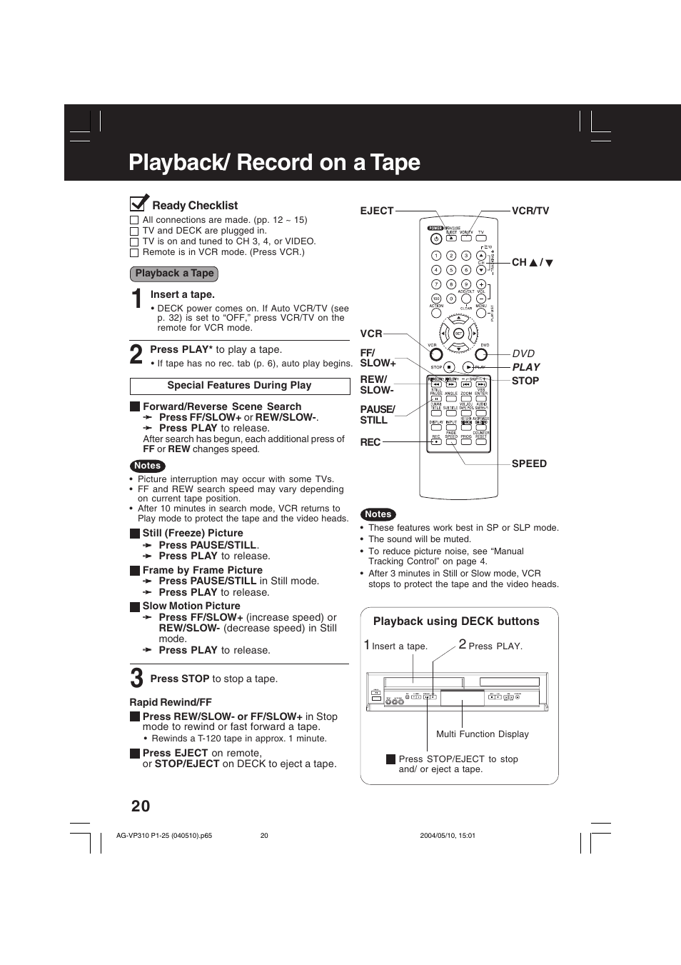 Playback / record on a tape, Playback/ record on a tape | Panasonic AG-VP310 User Manual | Page 20 / 64