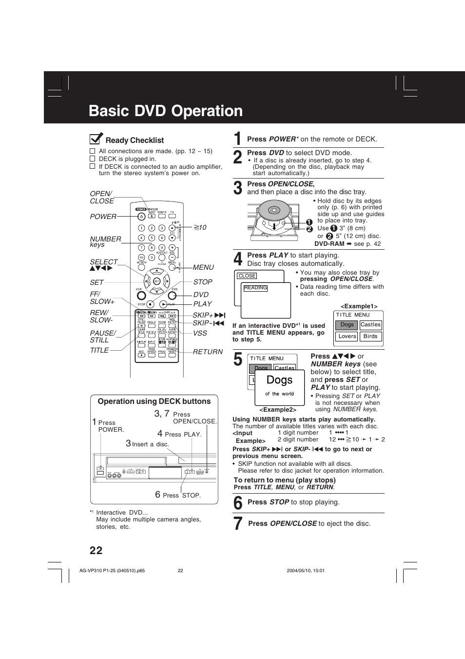 Basic dvd operation | Panasonic AG-VP310 User Manual | Page 22 / 64