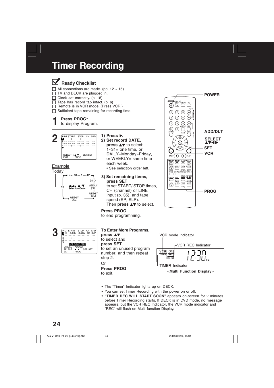 Vcr operation, Timer recording, Ready checklist | Example | Panasonic AG-VP310 User Manual | Page 24 / 64