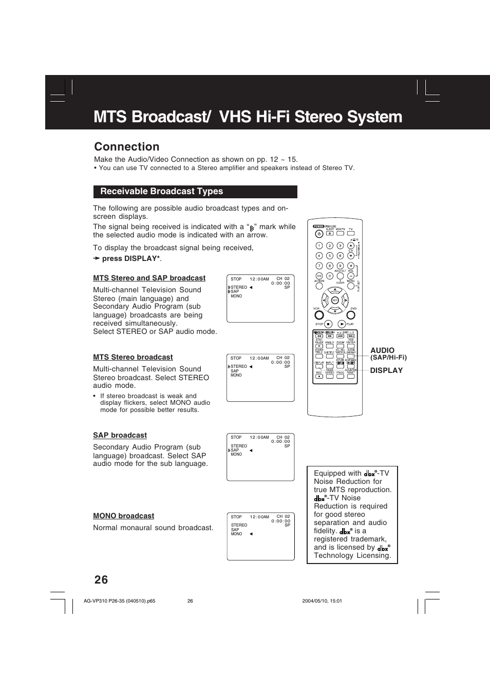 Mts broadcast / vhs hi-fi stereo system, Mts broadcast/ vhs hi-fi stereo system, Connection | Receivable broadcast types | Panasonic AG-VP310 User Manual | Page 26 / 64