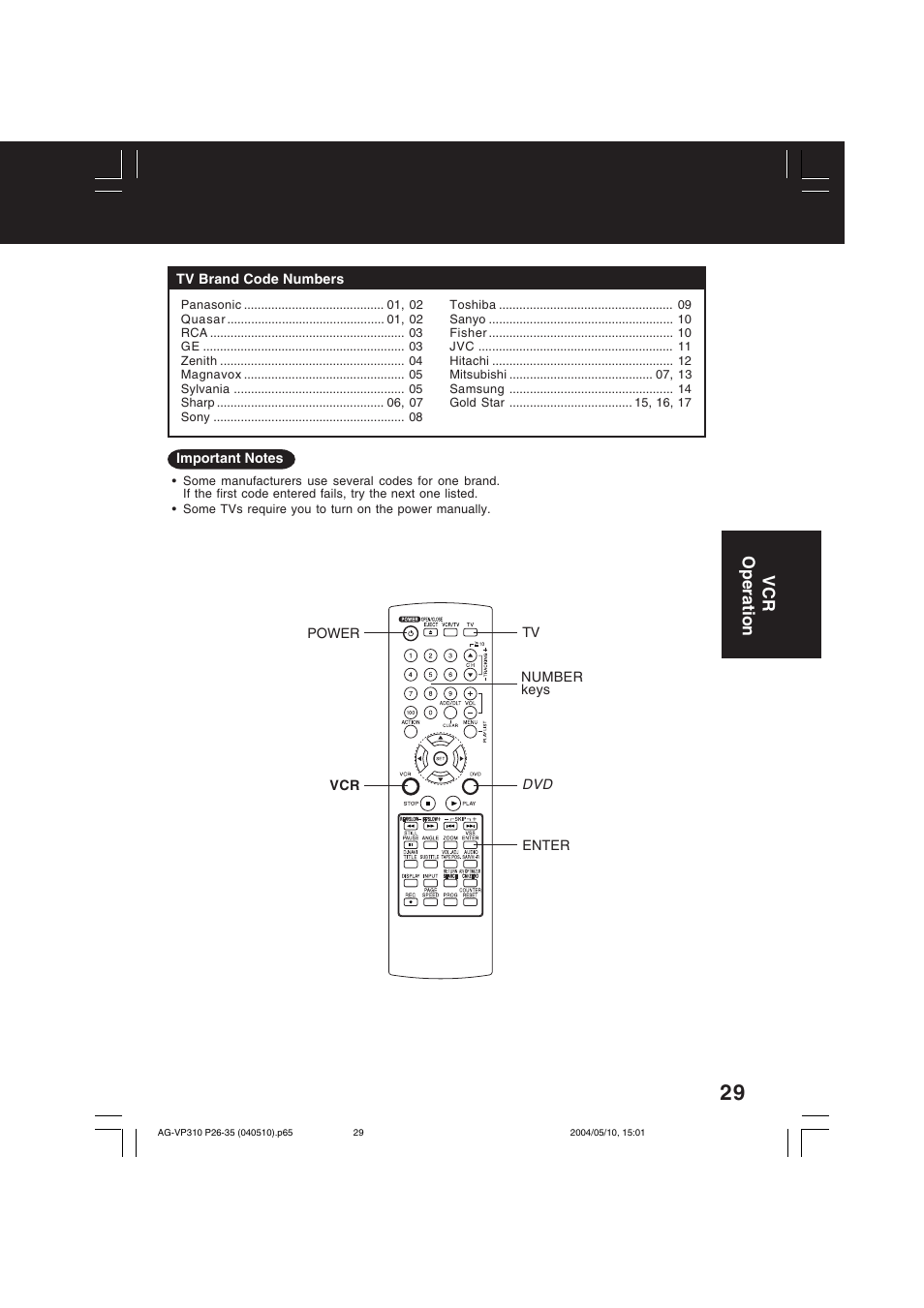 Vcr operation | Panasonic AG-VP310 User Manual | Page 29 / 64