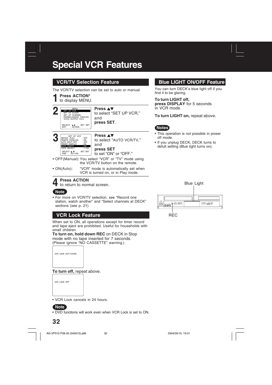Special vcr features, Vcr/tv selector feature vcr/tv selection feature, Vcr lock feature | Blue light on/off feature | Panasonic AG-VP310 User Manual | Page 32 / 64