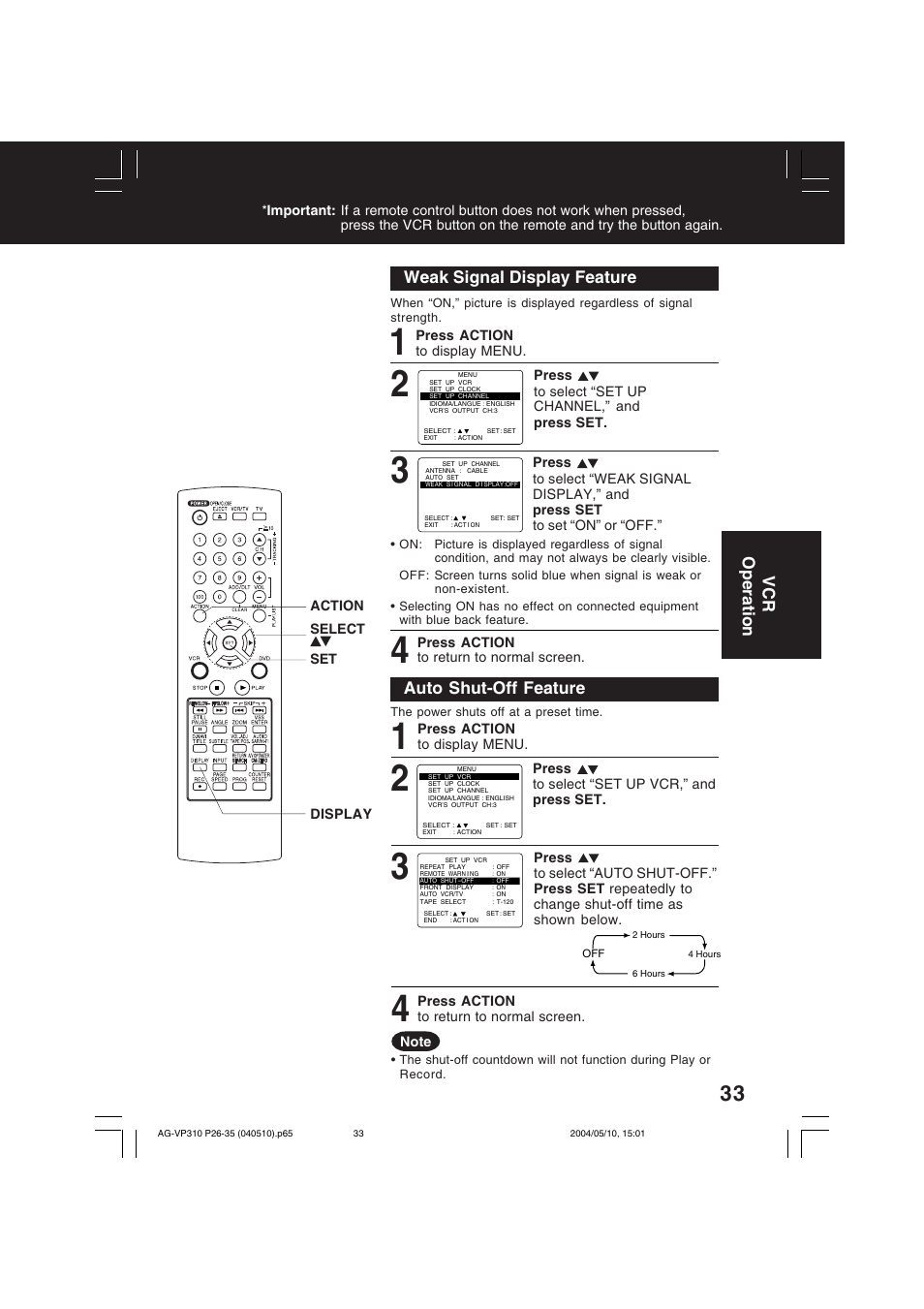 Vcr operation weak signal display feature, Auto shut-off feature | Panasonic AG-VP310 User Manual | Page 33 / 64
