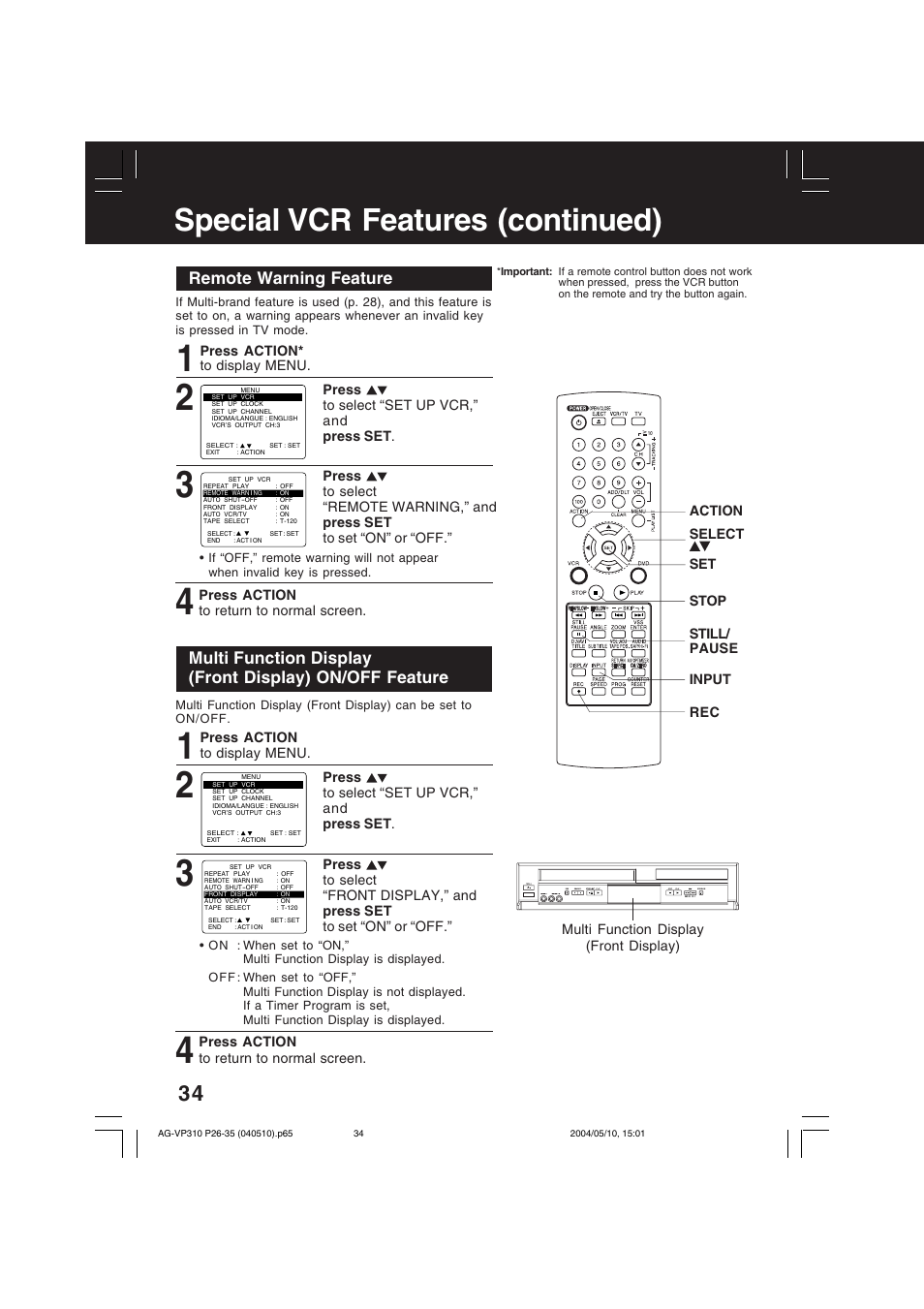 Special vcr features (continued), Remote warning feature | Panasonic AG-VP310 User Manual | Page 34 / 64