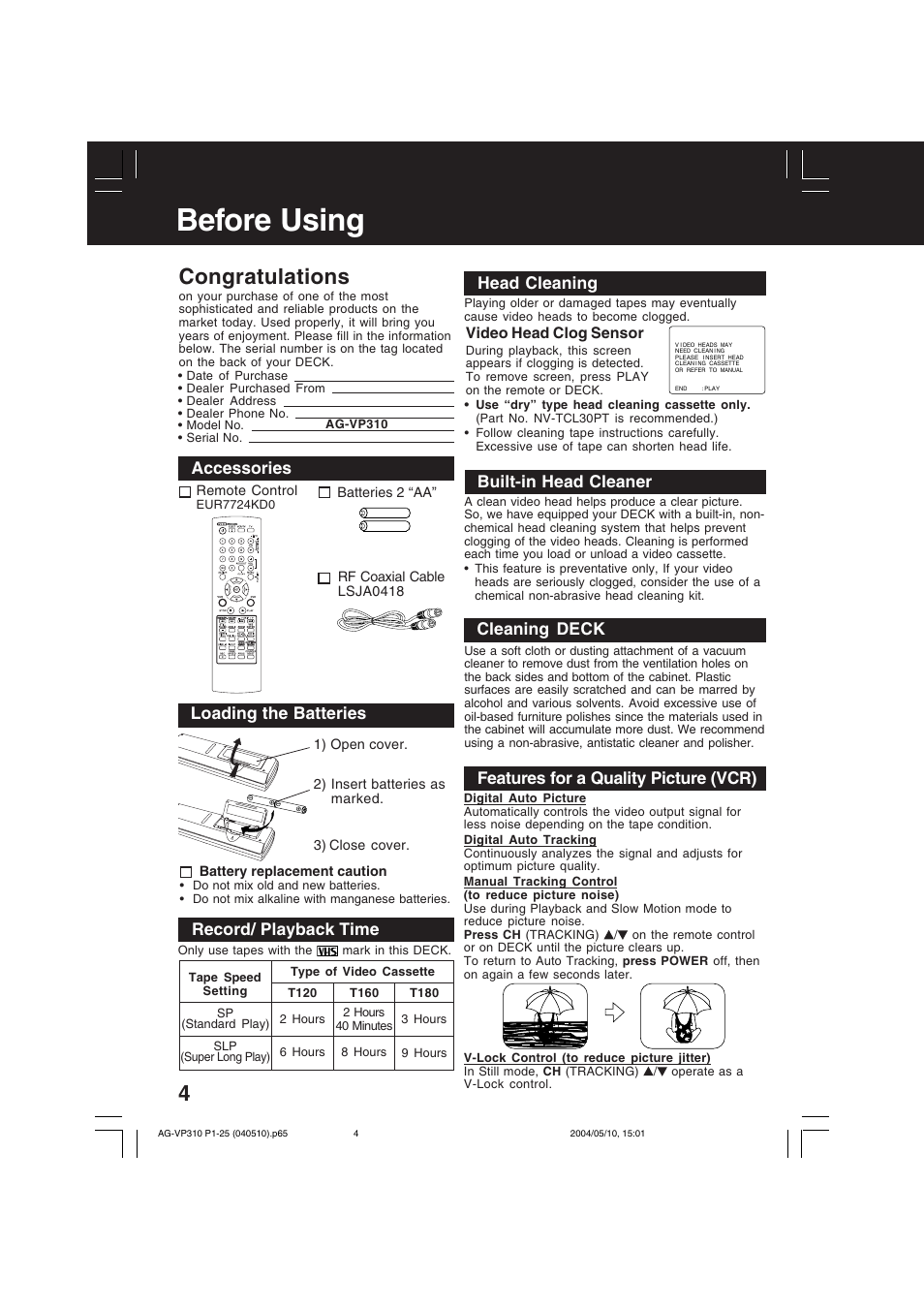 Before using, Record/ playback time, Accessories | Head cleaning, Features for a quality picture (vcr), Cleaning deck, Built-in head cleaner, Loading the batteries, Video head clog sensor | Panasonic AG-VP310 User Manual | Page 4 / 64