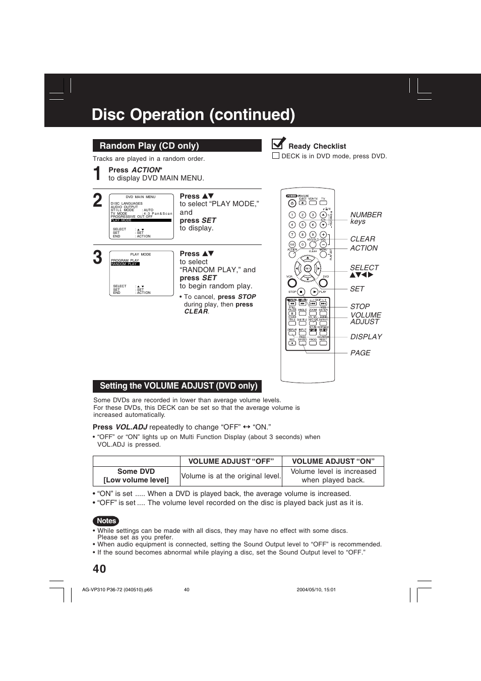 Disc operation (continued), Random play (cd only), Setting the volume adjust (dvd only) | Panasonic AG-VP310 User Manual | Page 40 / 64
