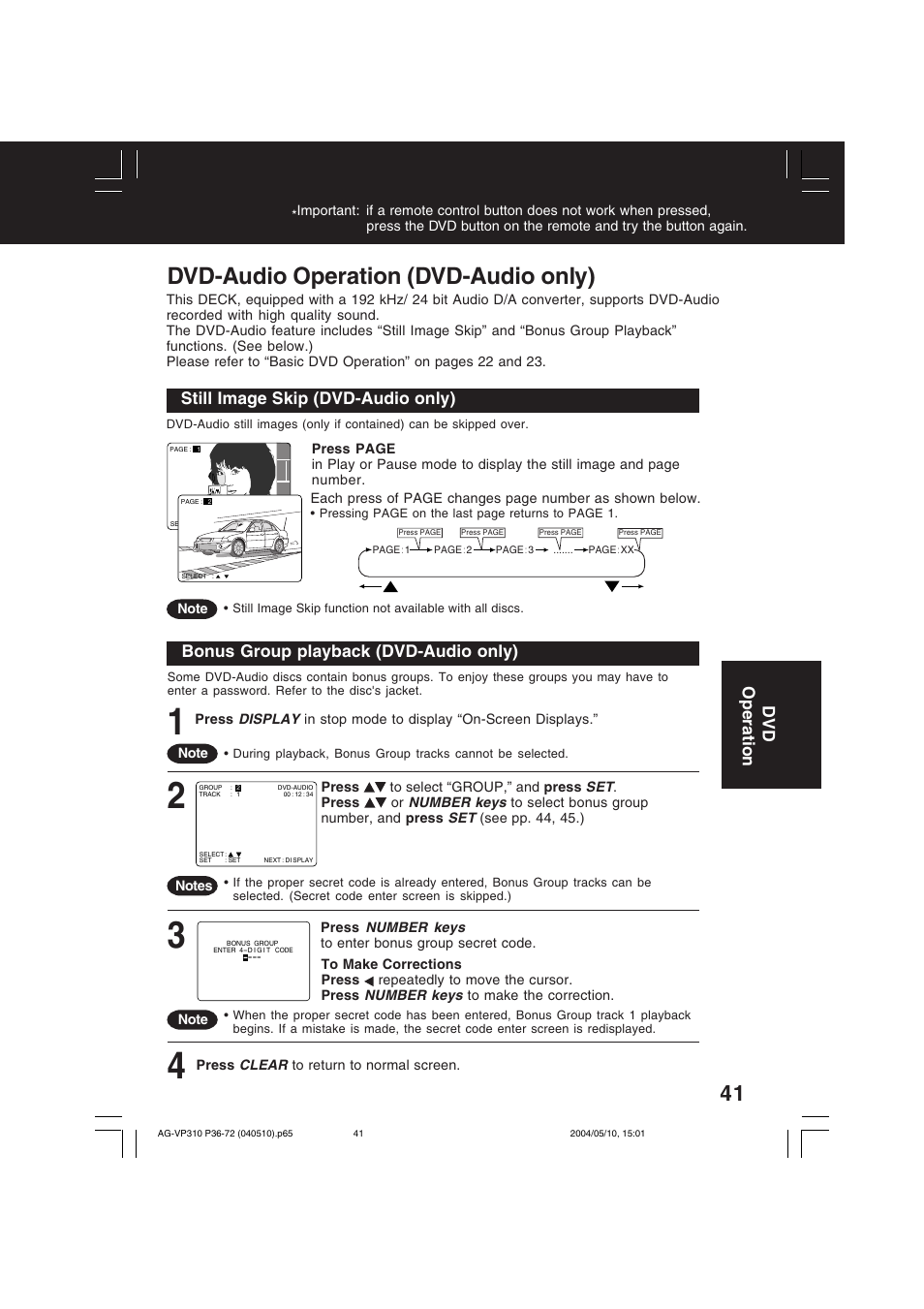 Dvd-audio operation (dvd-audio only), Bonus group playback (dvd-audio only), Still image skip (dvd-audio only) | Dvd operation | Panasonic AG-VP310 User Manual | Page 41 / 64