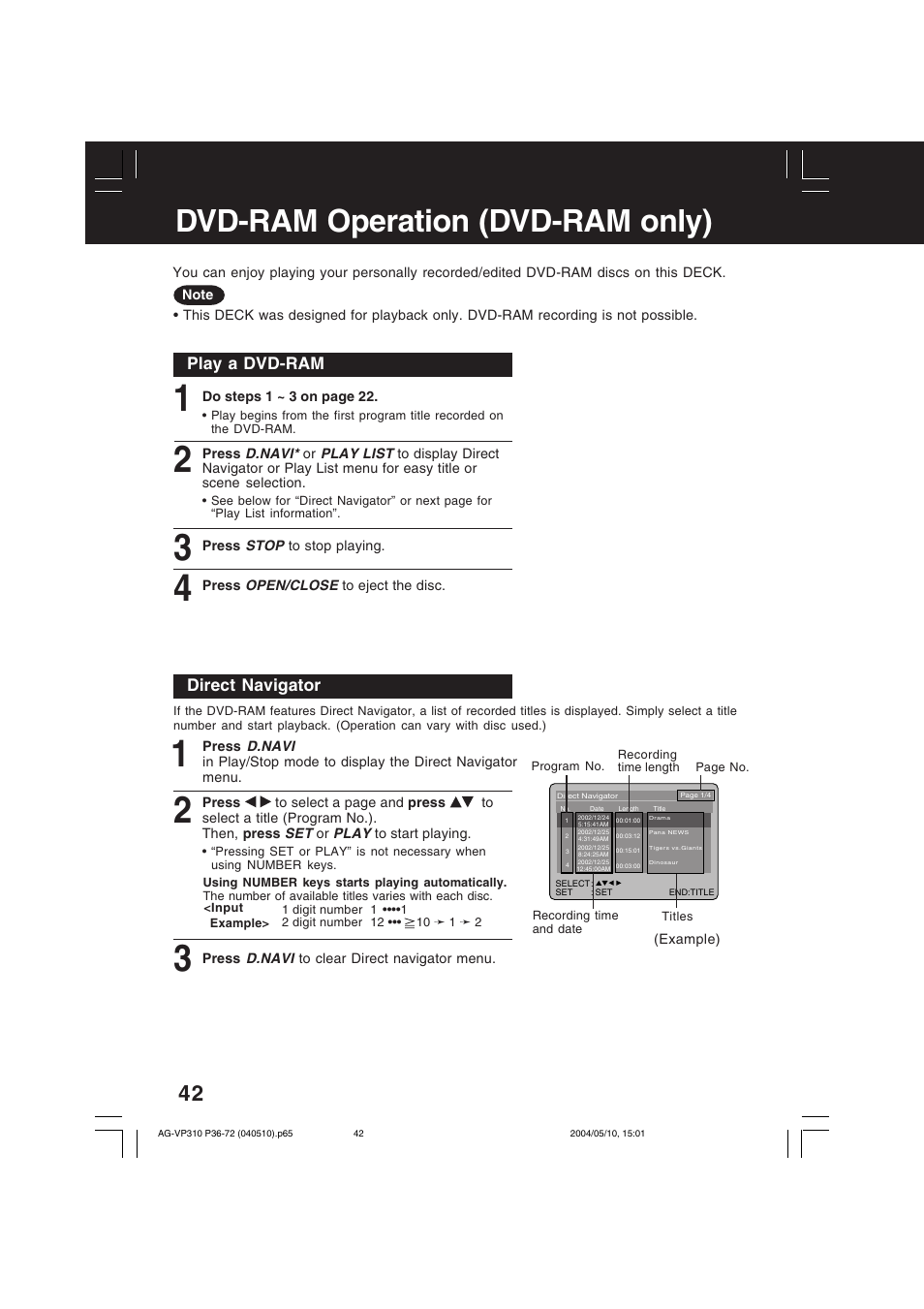Dvd-ram operation (dvd-ram only), Direct navigator, Play a dvd-ram | Panasonic AG-VP310 User Manual | Page 42 / 64