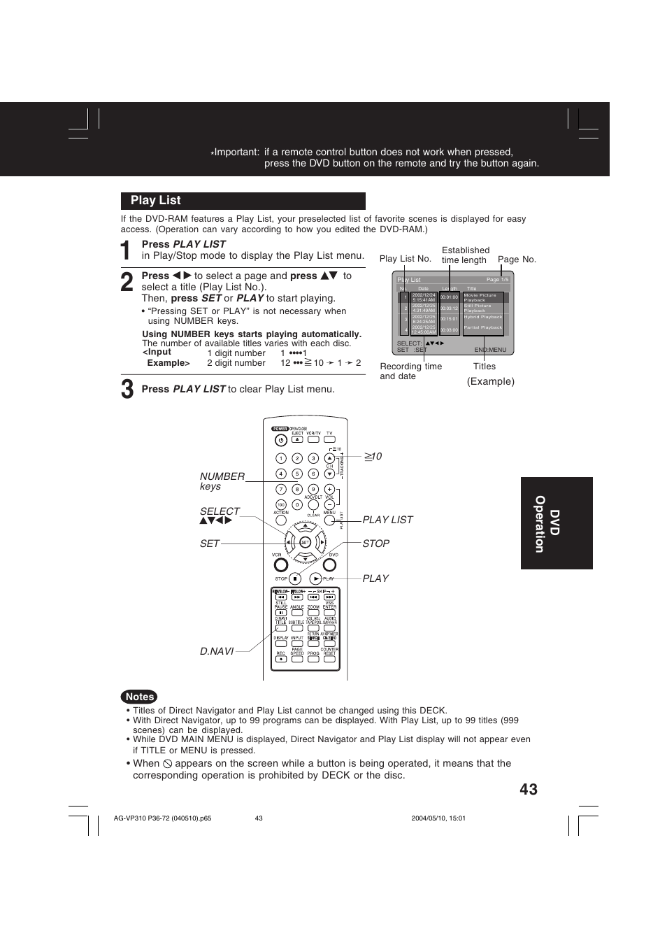Play list, Dvd operation | Panasonic AG-VP310 User Manual | Page 43 / 64