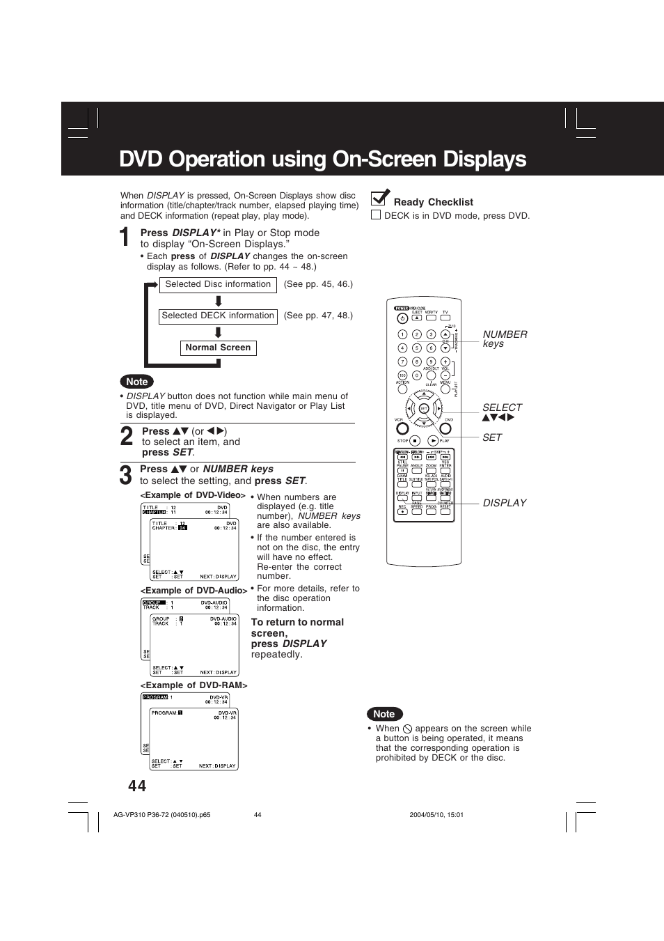 Dvd operation using on-screen displays | Panasonic AG-VP310 User Manual | Page 44 / 64
