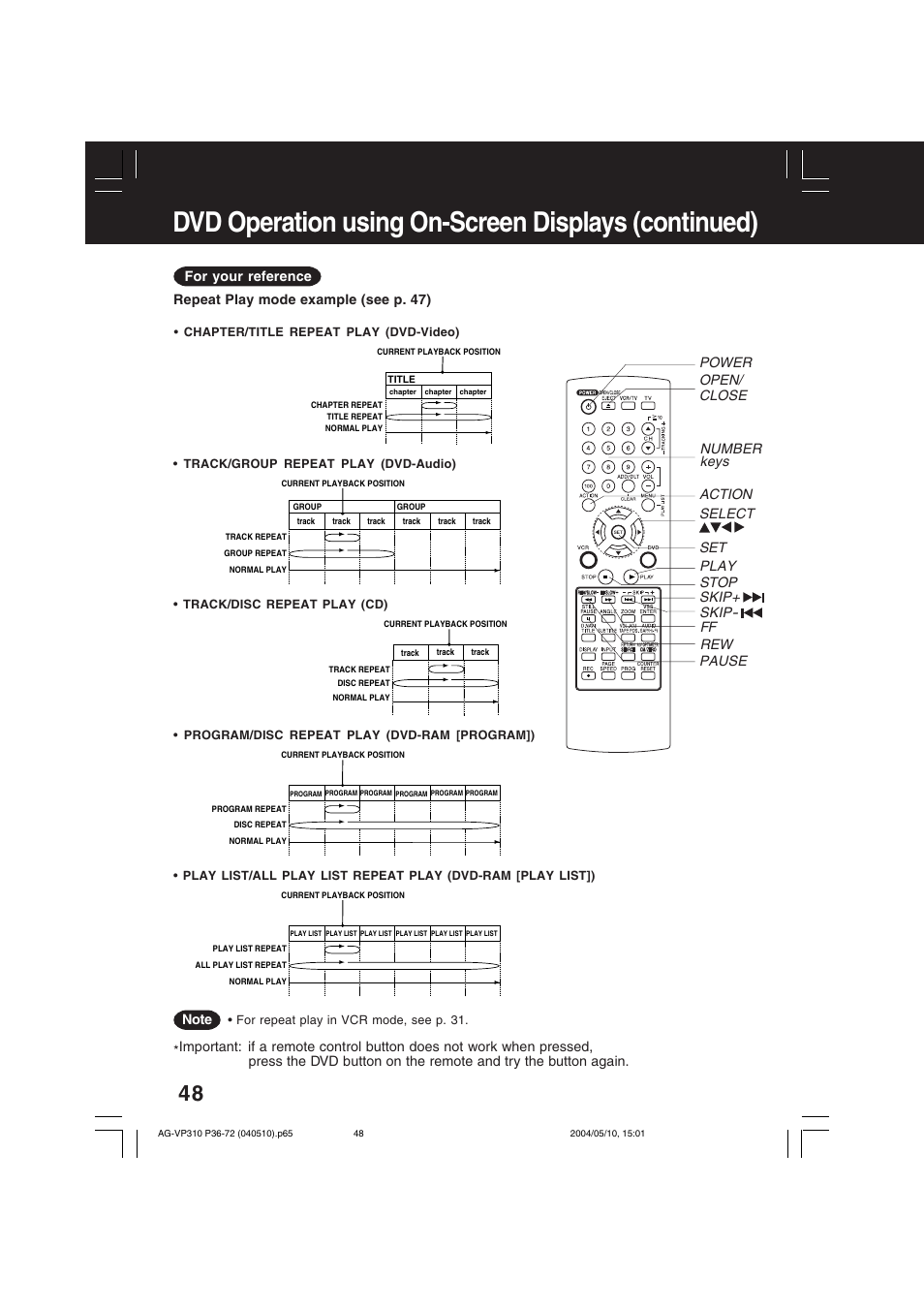 Dvd operation using on-screen displays (continued) | Panasonic AG-VP310 User Manual | Page 48 / 64