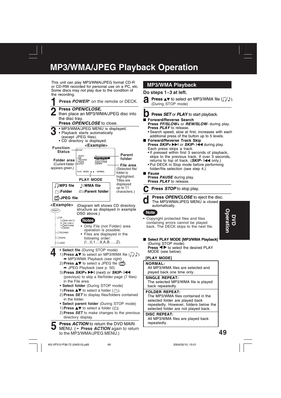 Mp3 / jpeg playback operation, A b c d, Mp3/wma/jpeg playback operation | Mp3/wma playback, Dvd operation | Panasonic AG-VP310 User Manual | Page 49 / 64