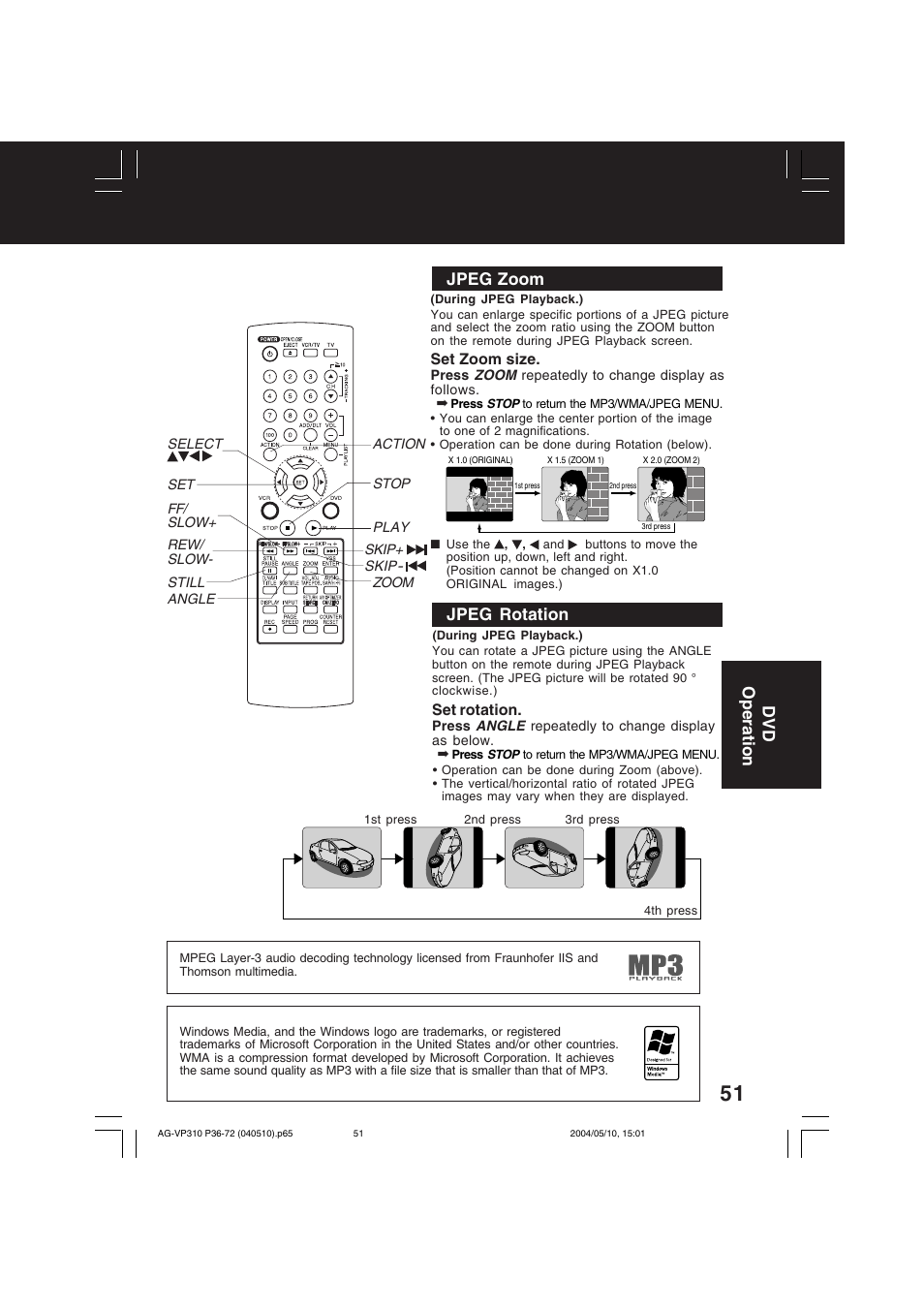 Jpeg zoom jpeg rotation, Dvd operation | Panasonic AG-VP310 User Manual | Page 51 / 64
