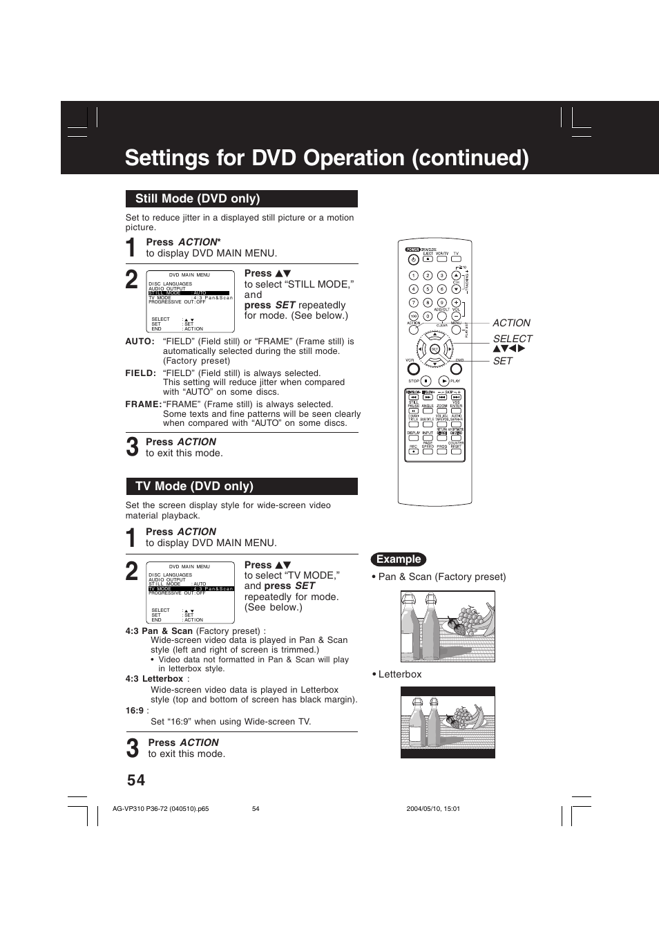Settings for dvd operation (continued), Still mode (dvd only), Tv mode (dvd only) | Panasonic AG-VP310 User Manual | Page 54 / 64
