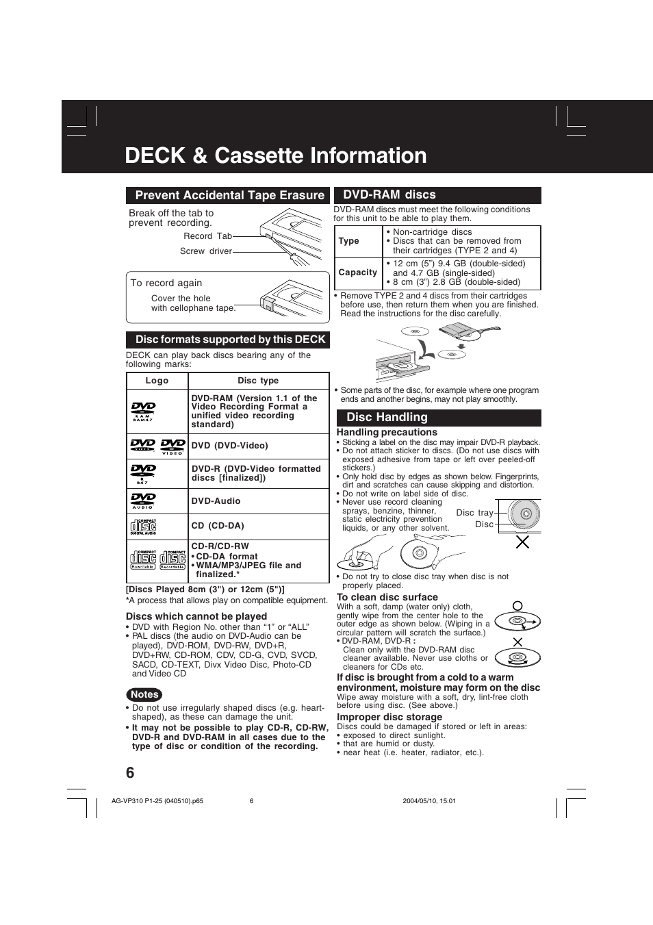 Deck & cassette information, Prevent accidental tape erasure, Dvd-ram discs | Disc handling | Panasonic AG-VP310 User Manual | Page 6 / 64