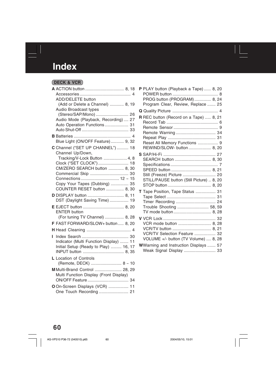 Index | Panasonic AG-VP310 User Manual | Page 60 / 64