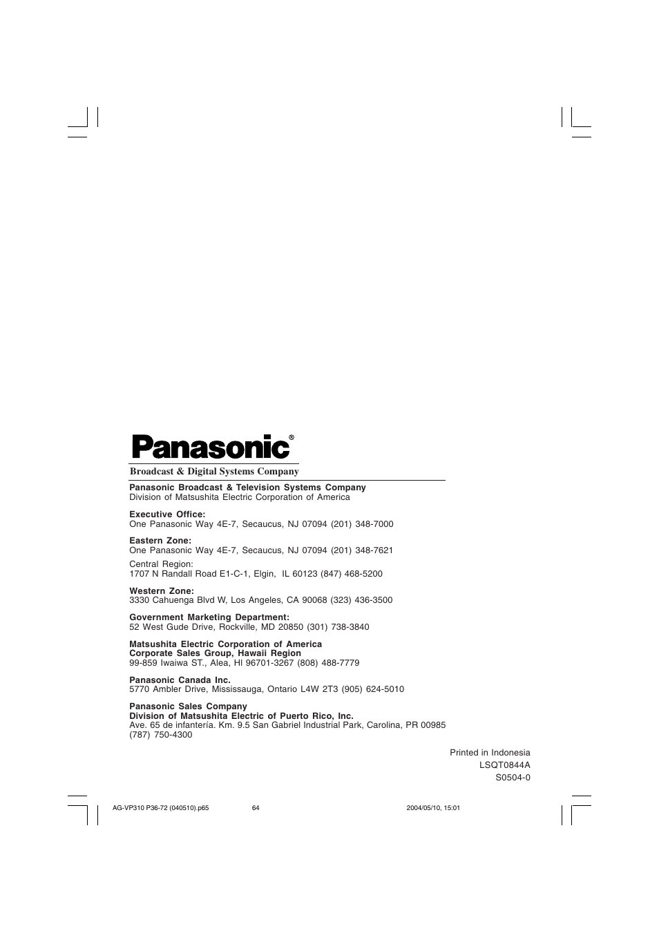 Panasonic AG-VP310 User Manual | Page 64 / 64
