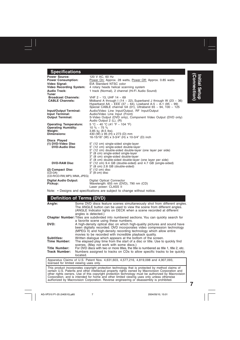 Specifications, Definition of terms (dvd), Initial setup (connection) | Panasonic AG-VP310 User Manual | Page 7 / 64