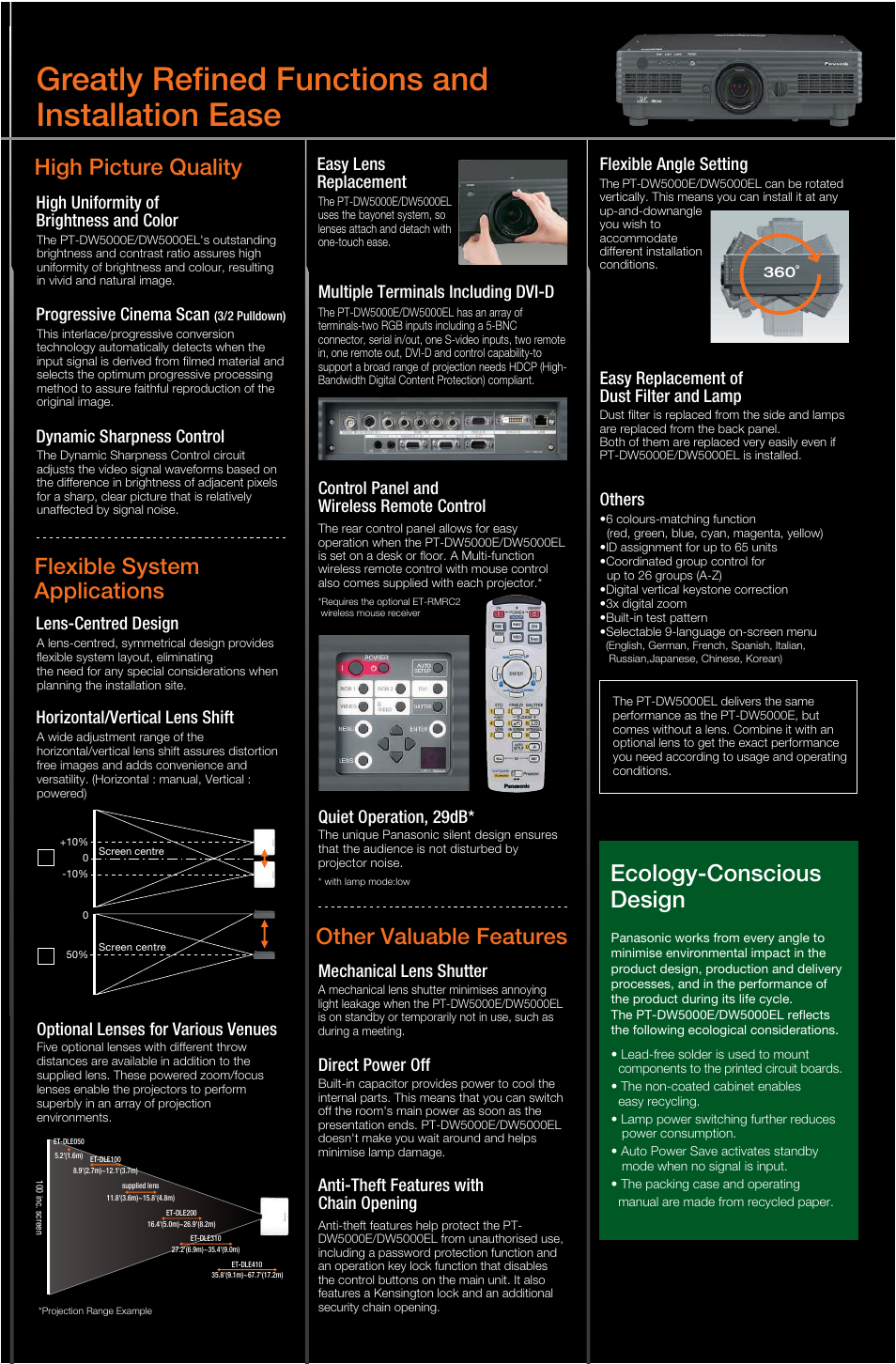 Greatly refined functions and installation ease, Ecology-conscious design, Other valuable features | High picture quality, Flexible system applications, High uniformity of brightness and color, Progressive cinema scan, Dynamic sharpness control, Lens-centred design, Horizontal/vertical lens shift | Panasonic PT-DW5000E User Manual | Page 5 / 6