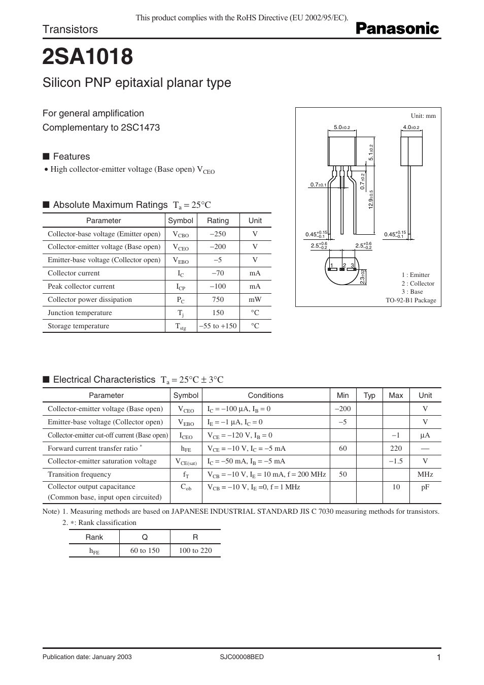 Panasonic 2SA1018 User Manual | 3 pages