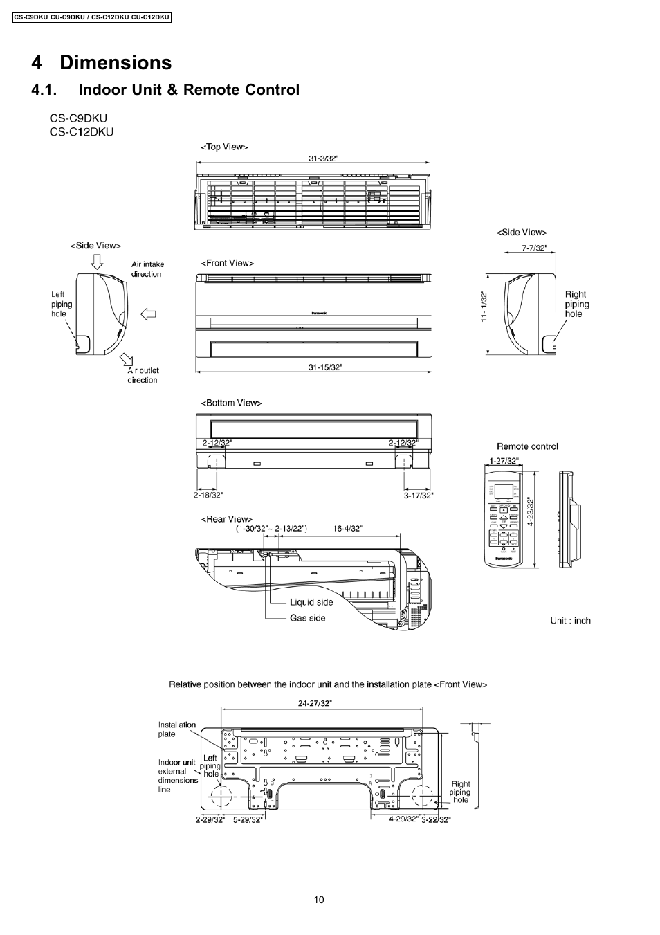 4 dimensions, Indoor unit & remote control | Panasonic CU-C12DKU User Manual | Page 10 / 77