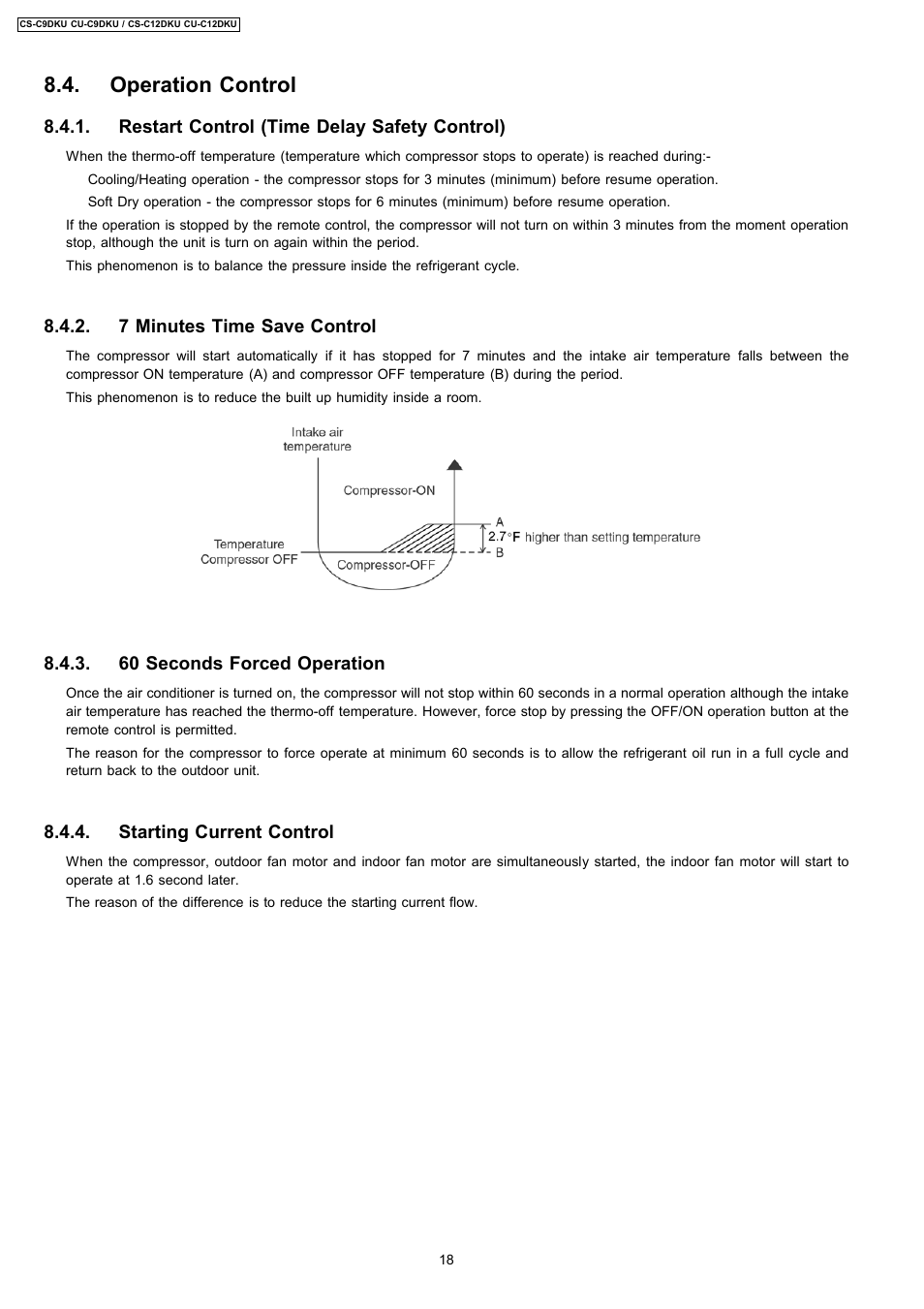 Operation control, Restart control (time delay safety control), 7 minutes time save control | 60 seconds forced operation, Starting current control | Panasonic CU-C12DKU User Manual | Page 18 / 77