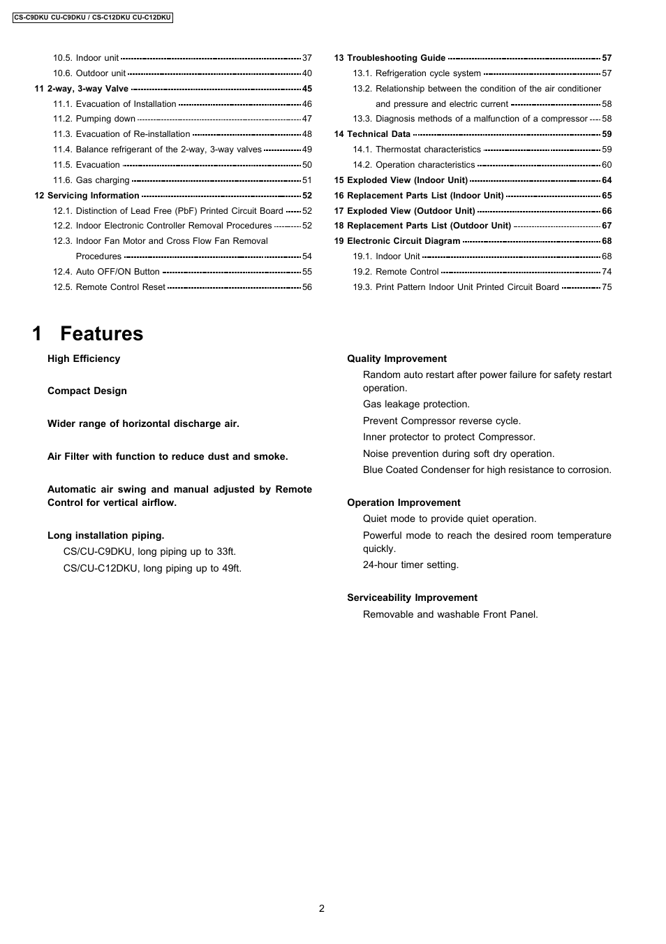 1 features | Panasonic CU-C12DKU User Manual | Page 2 / 77