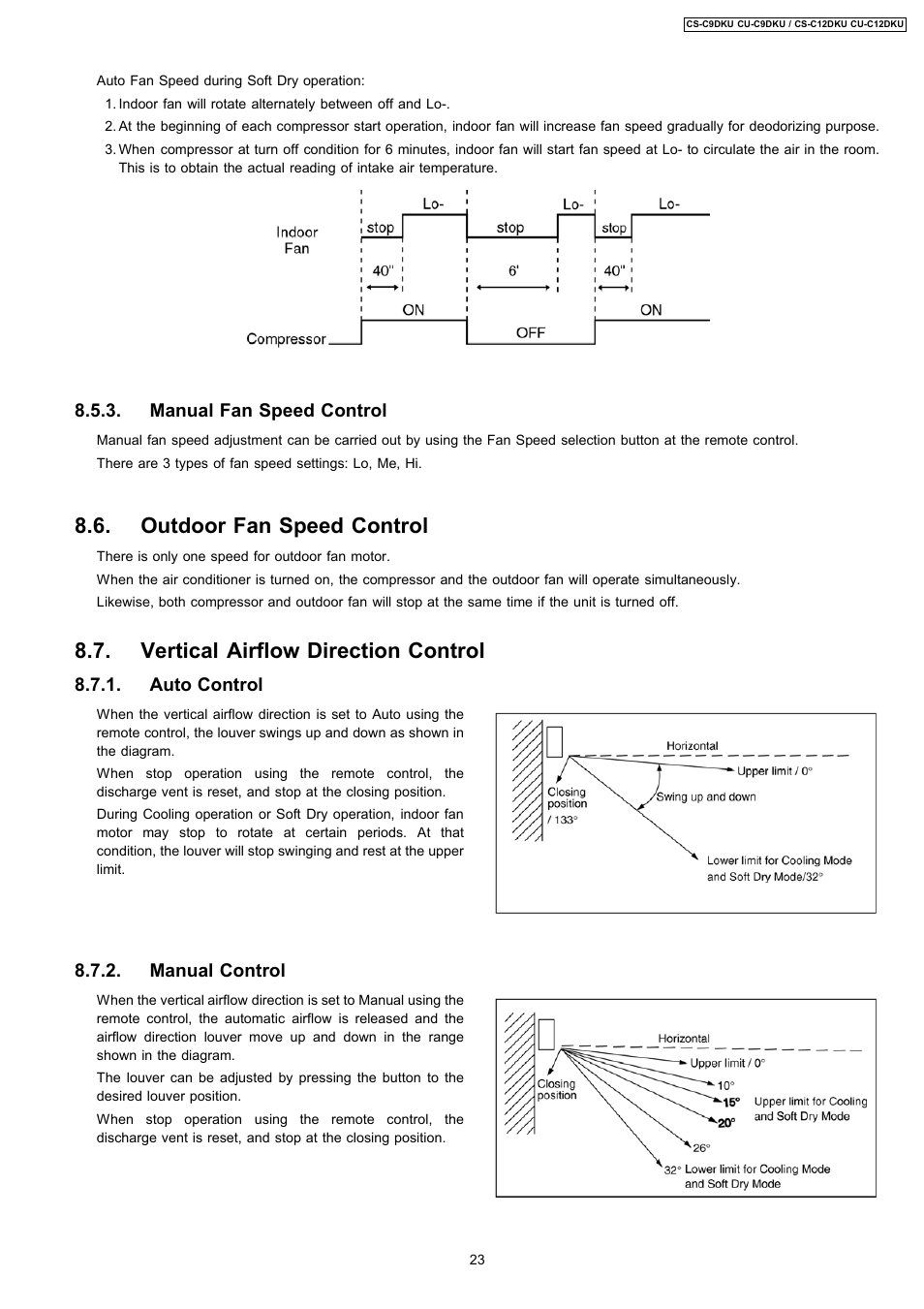 Outdoor fan speed control, Vertical airflow direction control, Manual fan speed control | Auto control 8.7.2. manual control | Panasonic CU-C12DKU User Manual | Page 23 / 77