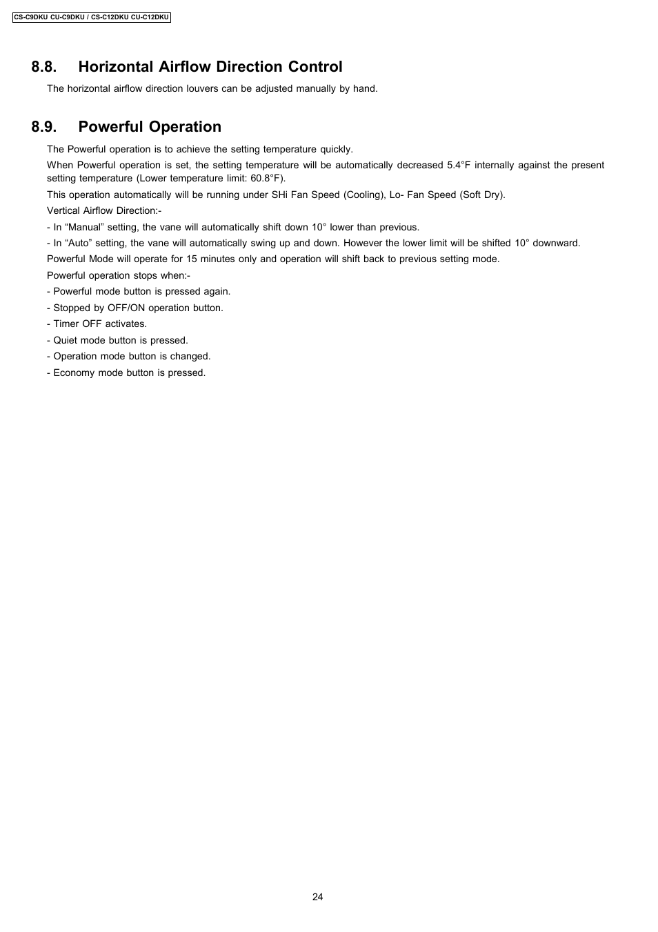 Horizontal airflow direction control, Powerful operation | Panasonic CU-C12DKU User Manual | Page 24 / 77