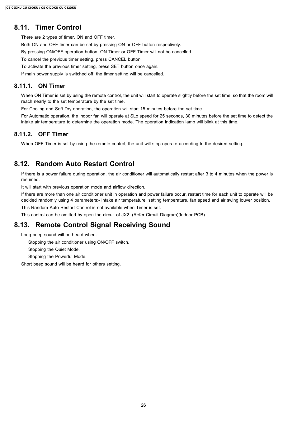 Timer control, Random auto restart control, Remote control signal receiving sound | On timer, Off timer | Panasonic CU-C12DKU User Manual | Page 26 / 77