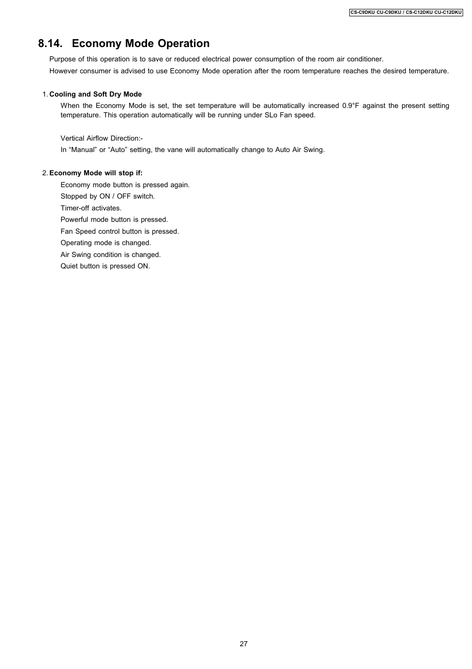 Economy mode operation | Panasonic CU-C12DKU User Manual | Page 27 / 77