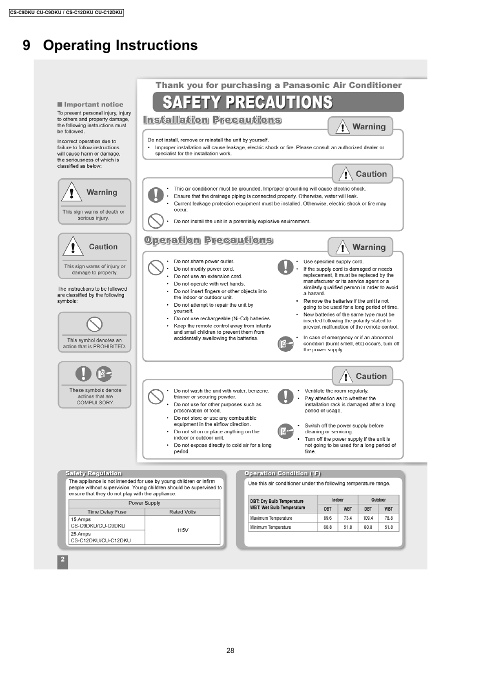 9 operating instructions | Panasonic CU-C12DKU User Manual | Page 28 / 77