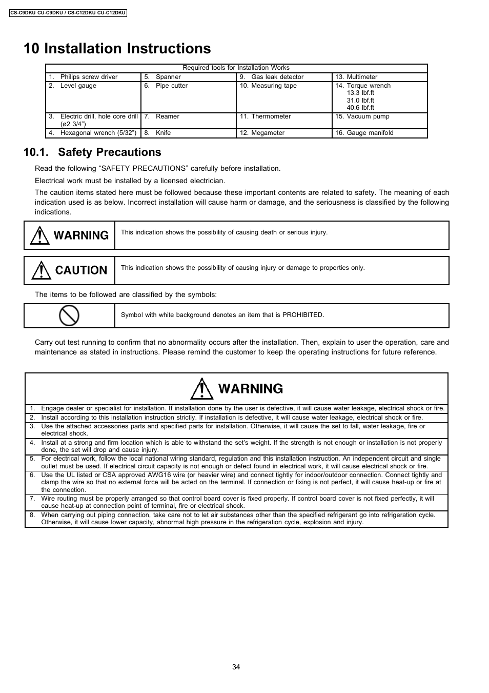 10 installation instructions, Safety precautions | Panasonic CU-C12DKU User Manual | Page 34 / 77