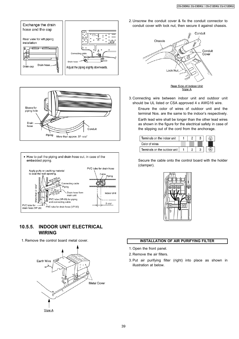 Indoor unit electrical wiring | Panasonic CU-C12DKU User Manual | Page 39 / 77