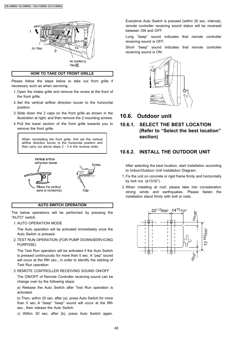 Outdoor unit | Panasonic CU-C12DKU User Manual | Page 40 / 77