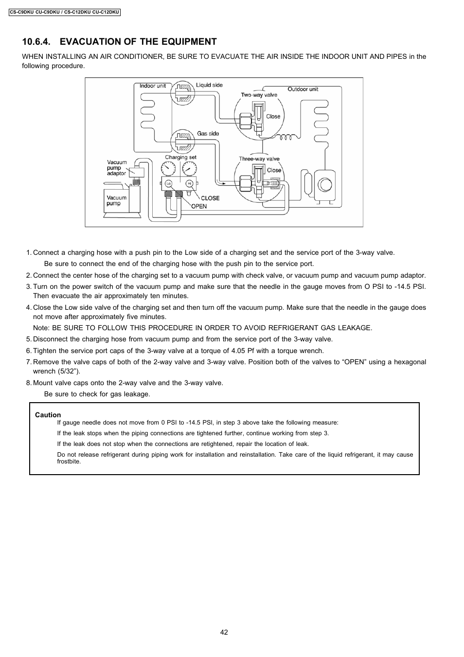 Evacuation of the equipment | Panasonic CU-C12DKU User Manual | Page 42 / 77