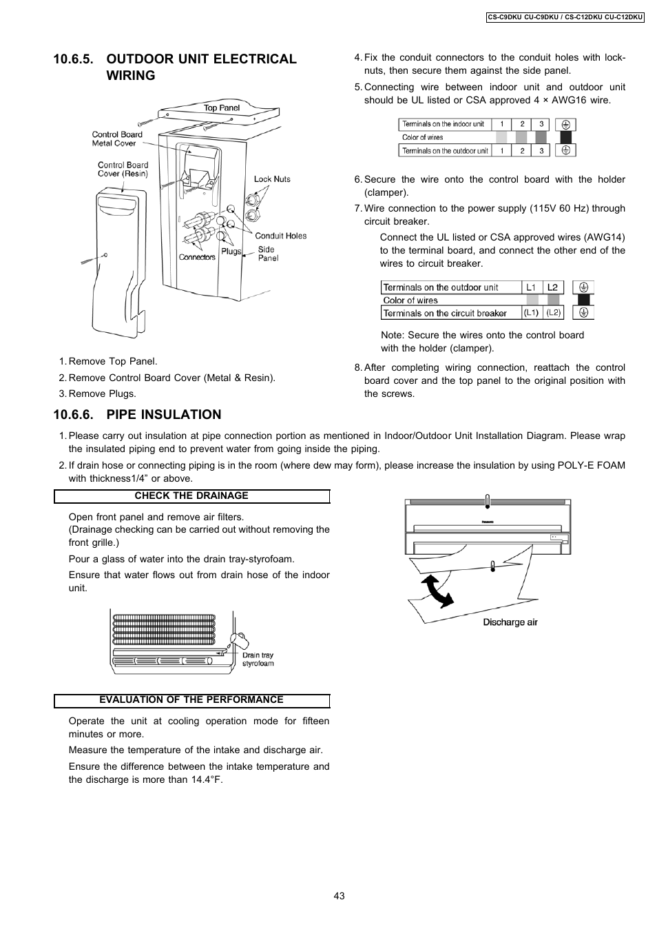 Outdoor unit electrical wiring, Pipe insulation | Panasonic CU-C12DKU User Manual | Page 43 / 77