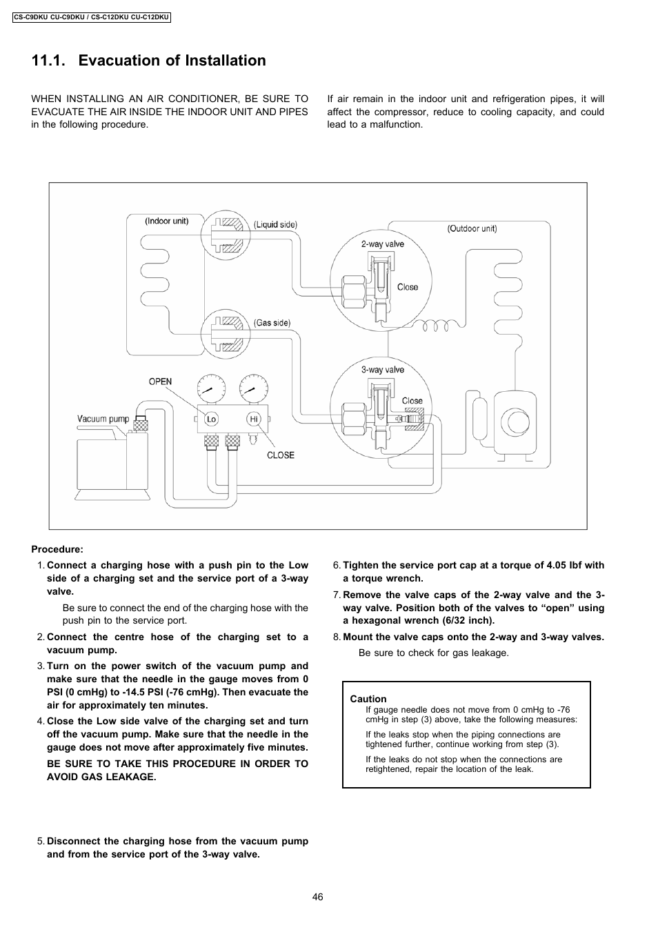 Evacuation of installation | Panasonic CU-C12DKU User Manual | Page 46 / 77