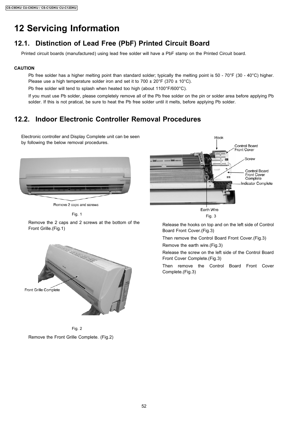 12 servicing information, Indoor electronic controller removal procedures | Panasonic CU-C12DKU User Manual | Page 52 / 77