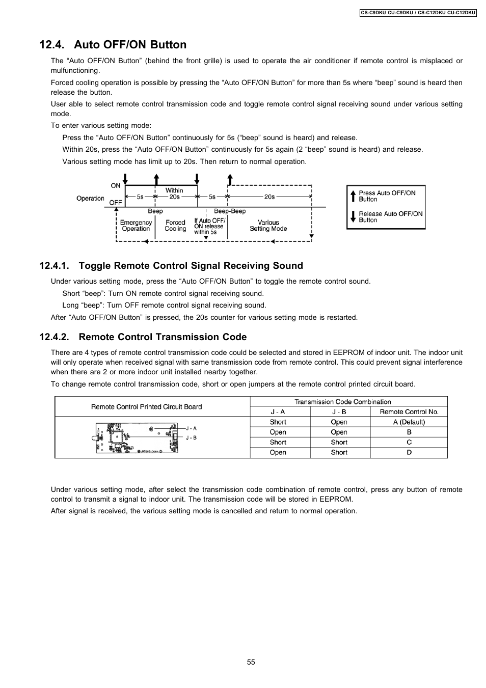 Auto off/on button, Toggle remote control signal receiving sound, Remote control transmission code | Panasonic CU-C12DKU User Manual | Page 55 / 77