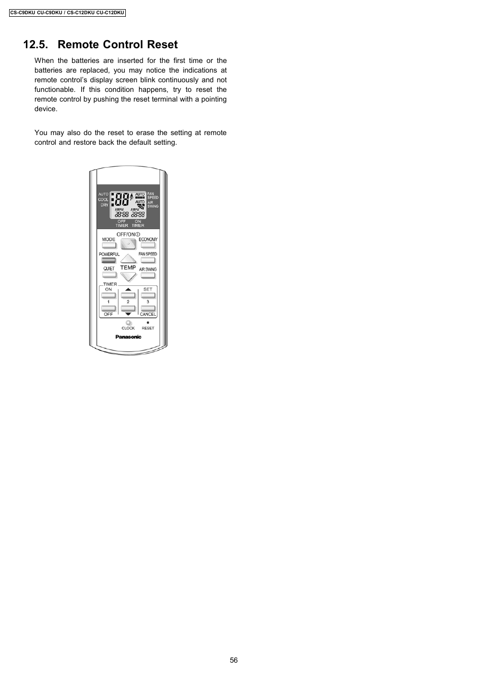 Remote control reset | Panasonic CU-C12DKU User Manual | Page 56 / 77