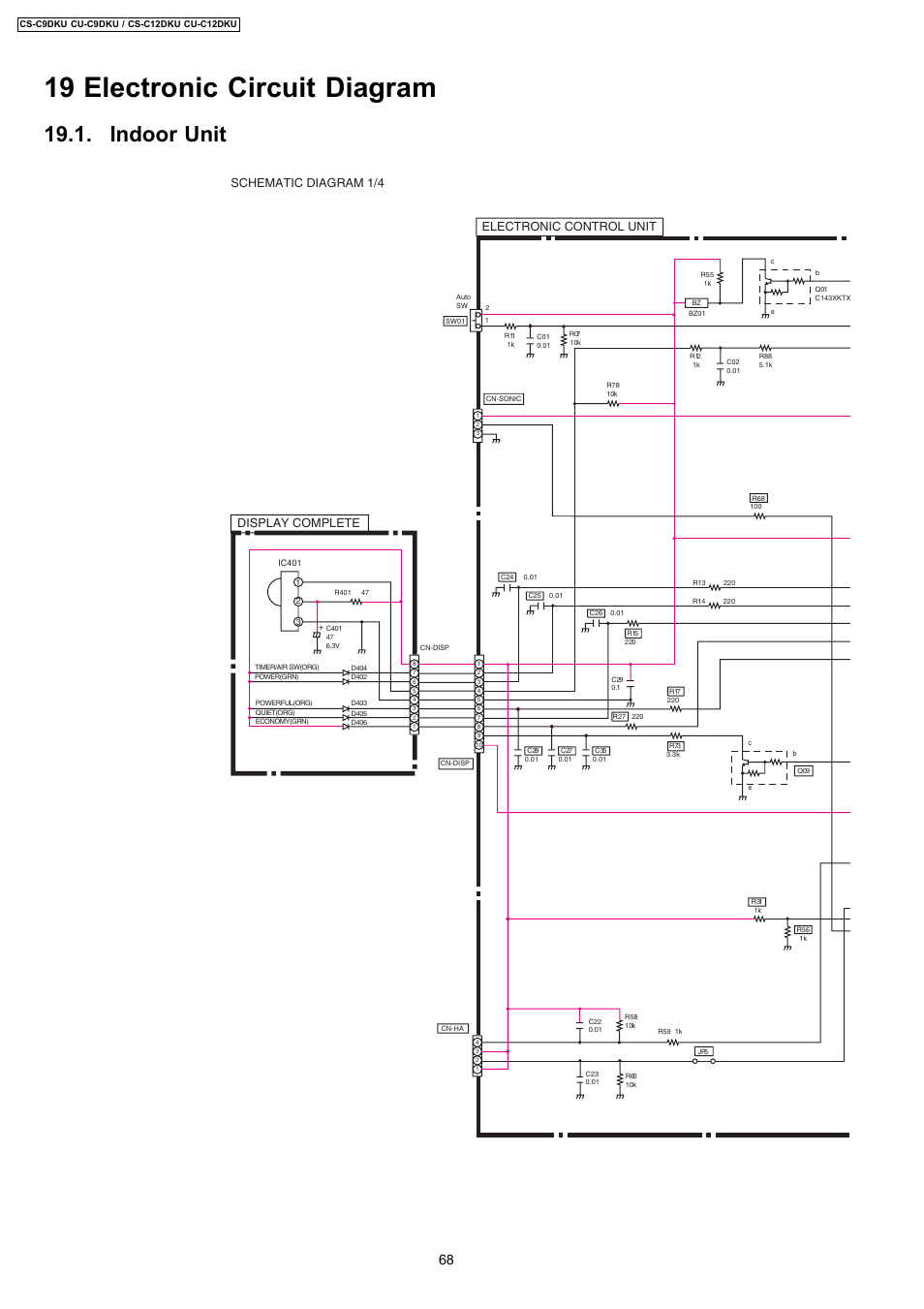 19 electronic circuit diagram, Indoor unit, Display complete | Electronic control unit, Schematic diagram 1/4 | Panasonic CU-C12DKU User Manual | Page 68 / 77