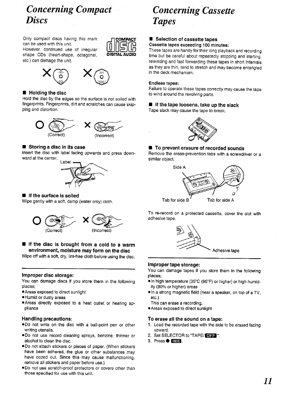 Concerning compact discs, Concerning cassette tapes, Recording compact discs | O]dg(s, Concerning compact discs concerning cassette tapes | Panasonic RX-DS12 User Manual | Page 11 / 12