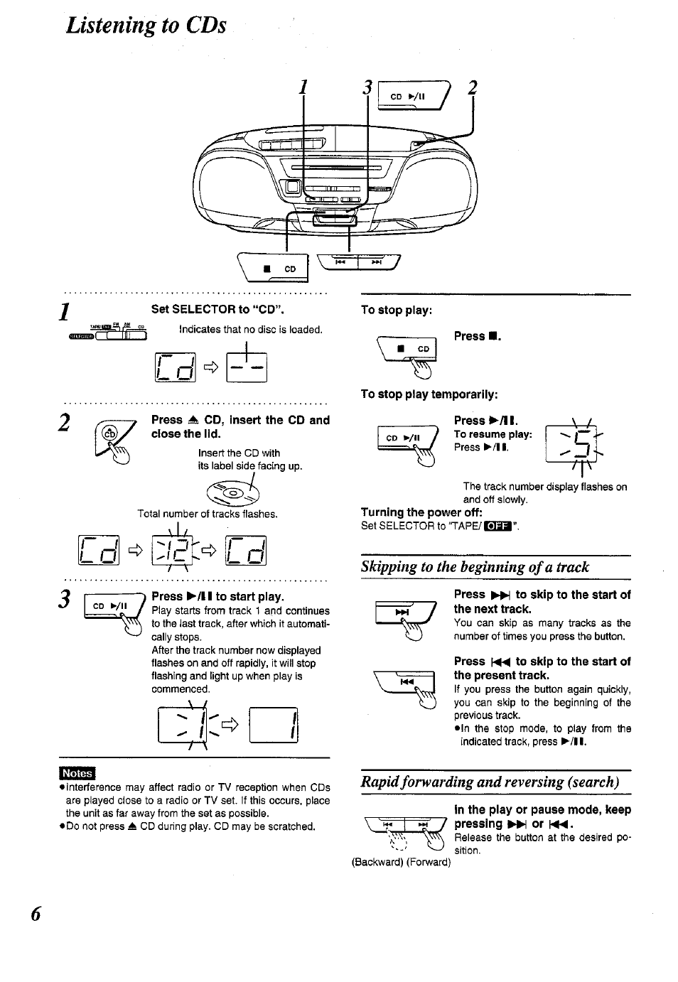 Skipping to the beginning of a track, Rapid forwarding and reversing (search), Listening to cds | Panasonic RX-DS12 User Manual | Page 6 / 12